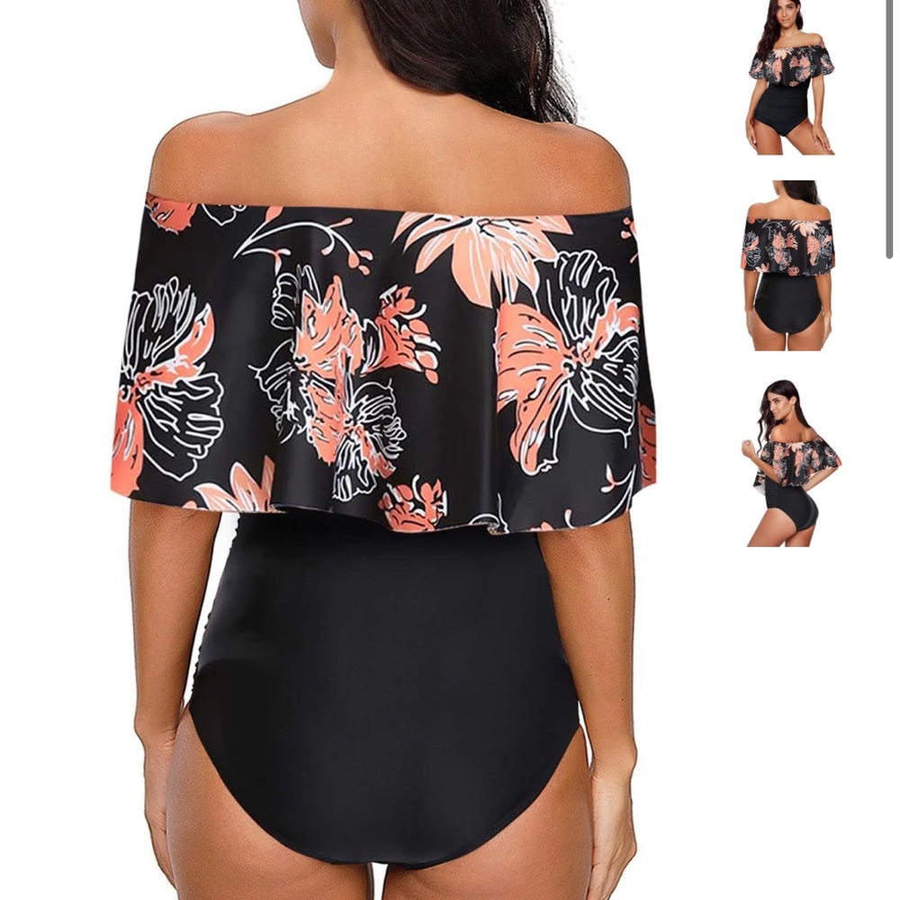 Black Floral Off-Shoulder One-Piece Swimsuit XL EUC - Picture 2 of 9